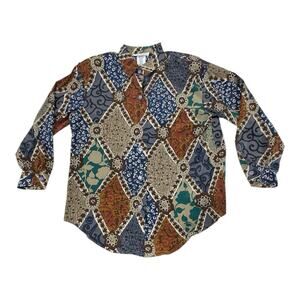 S.G. Sport Women's Medium Floral Foliage Diamond AOP Blouse Button Up Retro USA